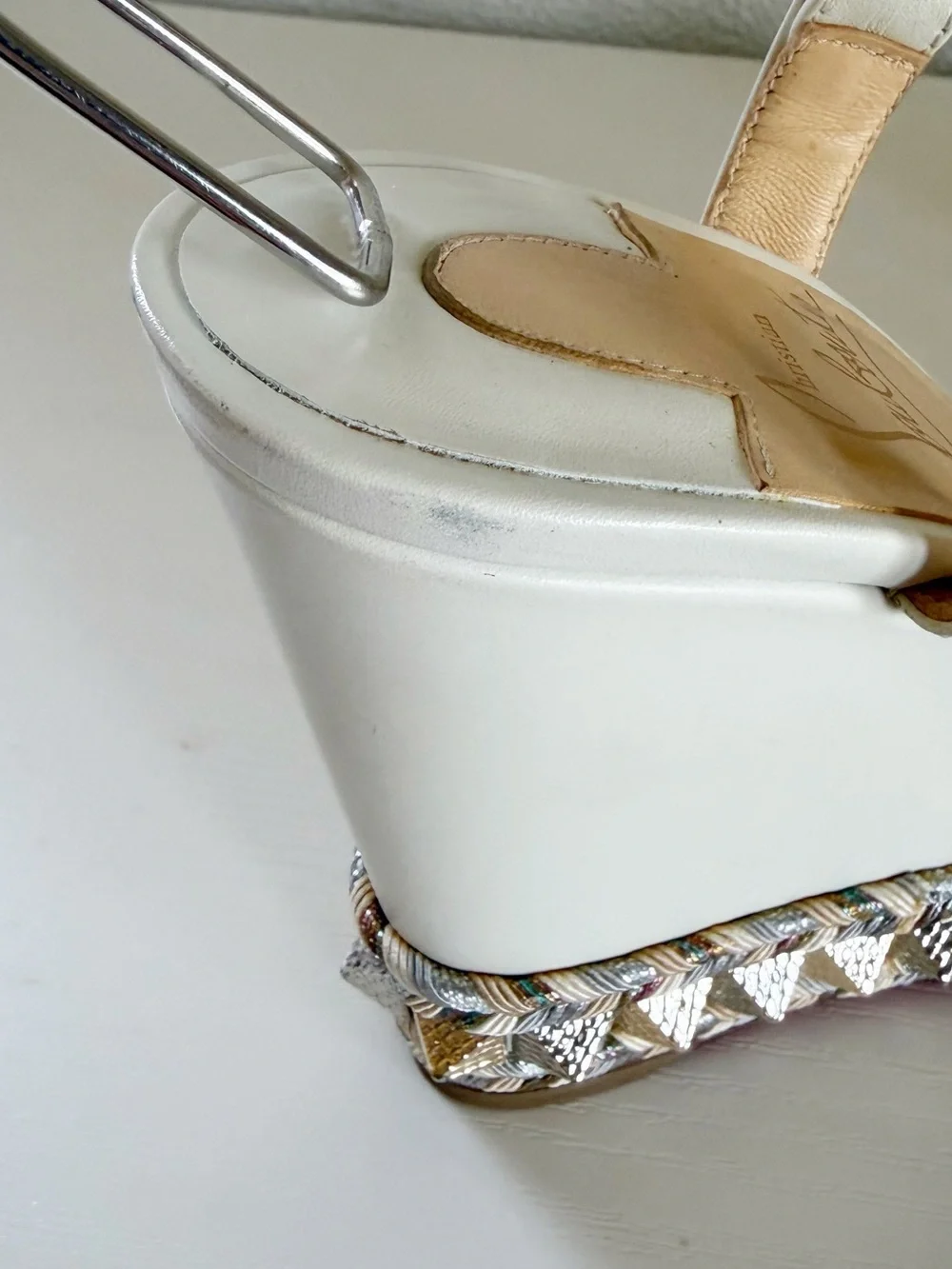 Christian Louboutin Pyraclou Latte White Studded Wedge Sandals Size EU 38